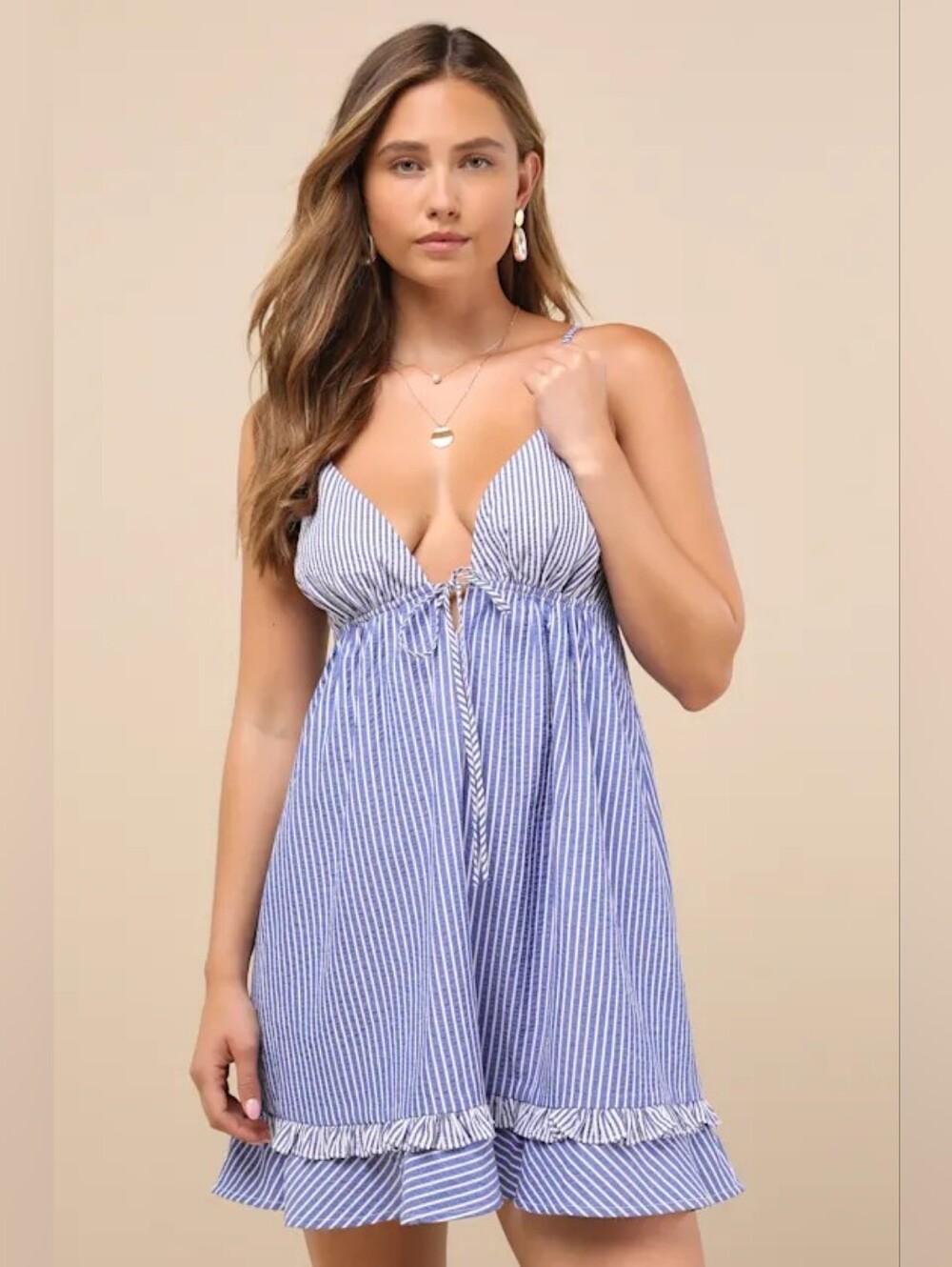 NWT Lulus Lelina Babydoll Dress Size L Blue White Striped Coastal Coquette Beach